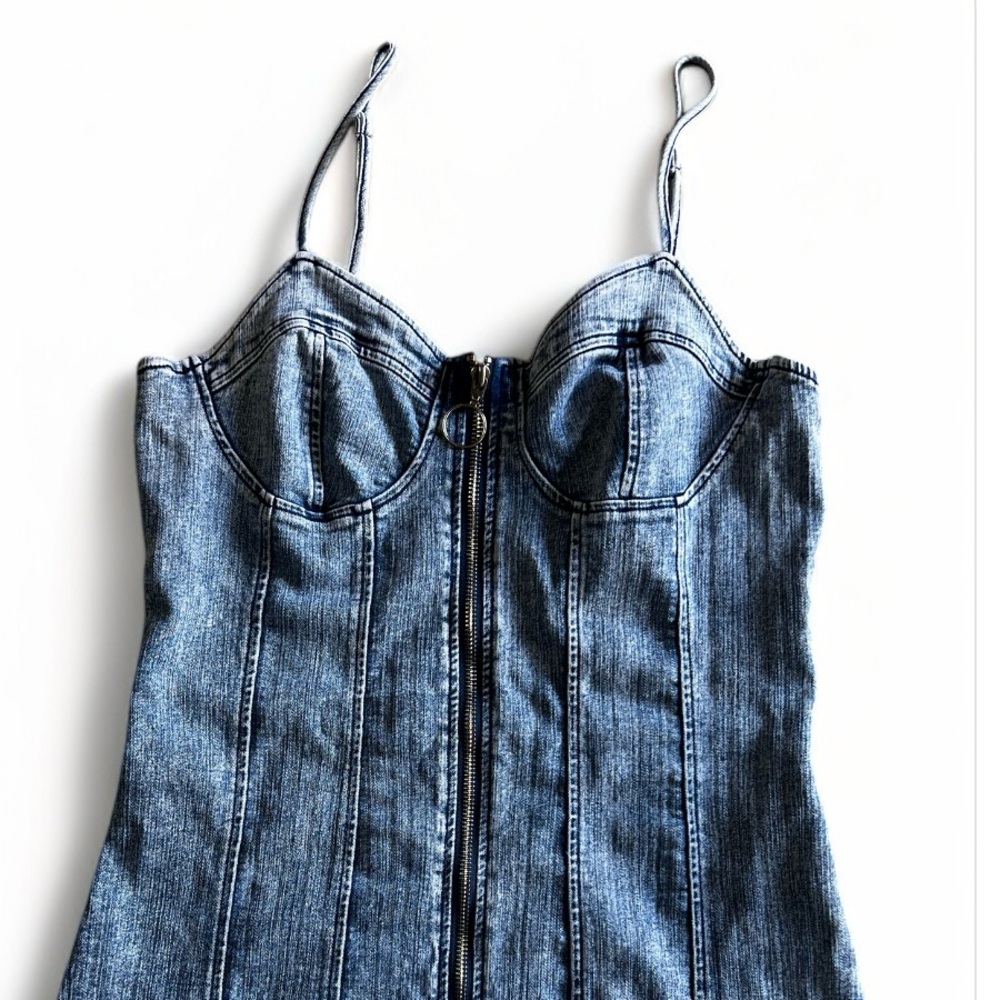 IRIS Blue Denim Corset Mini Dress Front Zip Adjustable Straps Size Medium